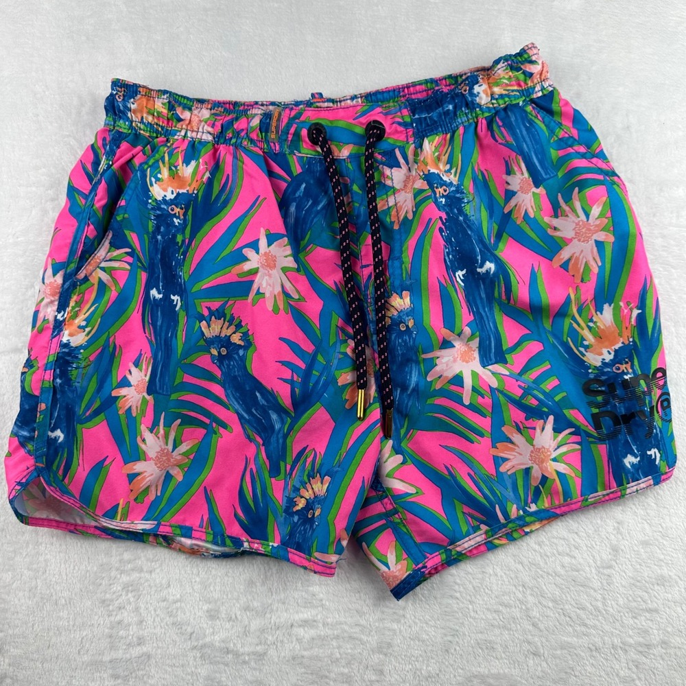 Superdry Premium Swim Co Mens Pink Tropical Bird Print Board Shorts Size L